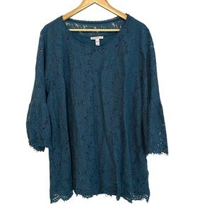 Isaac Mizrahi Women's 3X Teal Blue Lace Overlay Soft PLUS Bell Sleeve Blouse